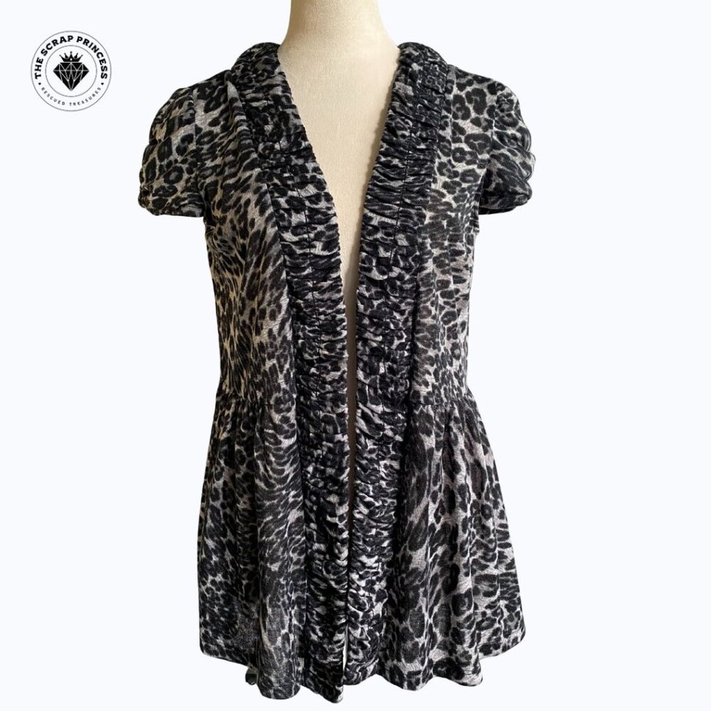Saks Fifth Avenue Animal Print Peplum Cardigan Cap Sleeve M